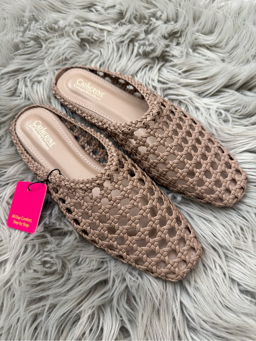 CATHERINE MALANDRINO Woven Basket Mule Flat Taupe Beige Slip On Shoes Size 8 NWT